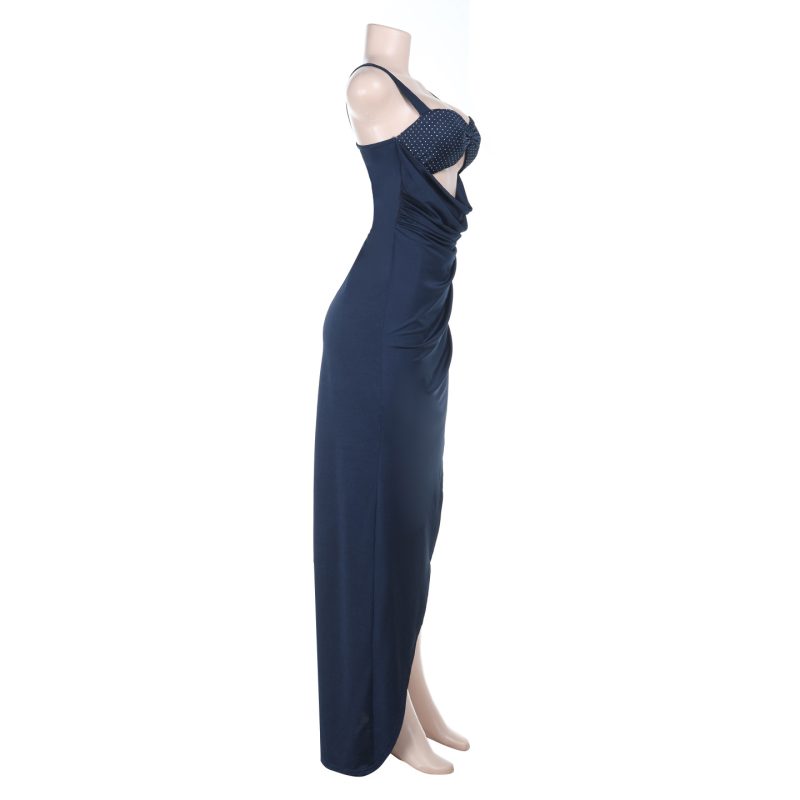 Cutout Split Rhinestone Strap Satin Formal Dress - Image 3