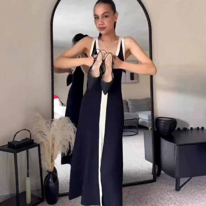 Women’s Black Knitted Spaghetti Strap V-Neck Dress - Image 2