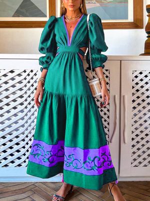 Spring Autumn V Neck Swing Dress for Women
