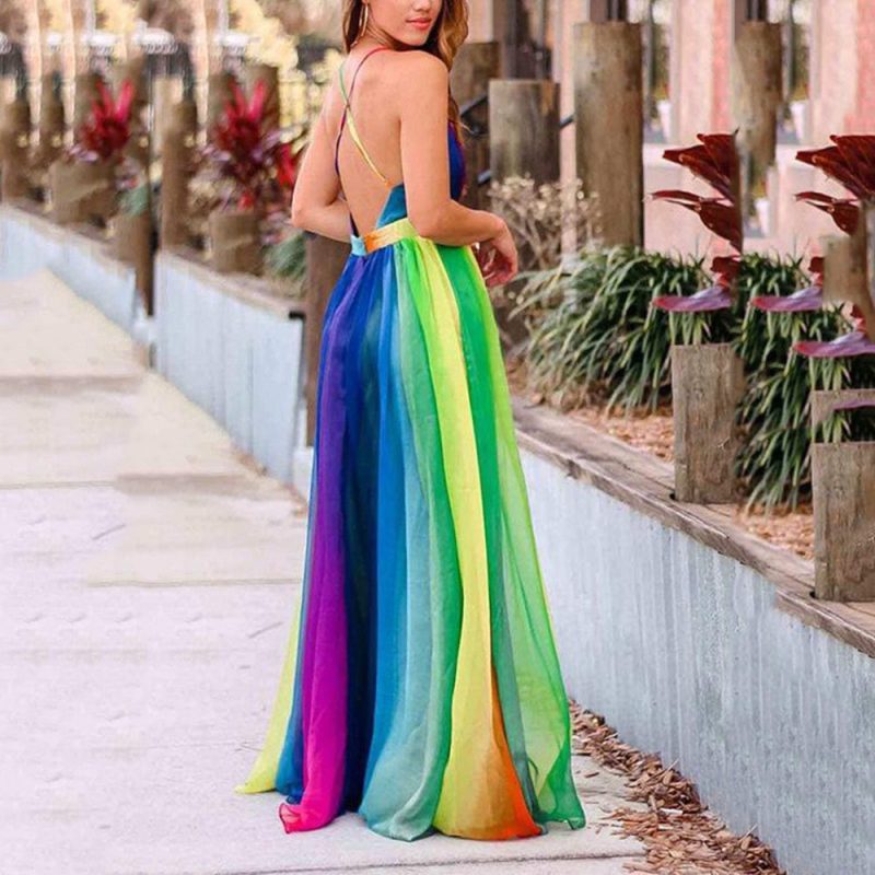 Spring Summer Deep V Rainbow Chiffon Sling Dress - Image 2