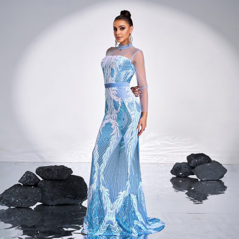 High-End Mesh Sequined Long Sleeve Evening Dress - Image 4