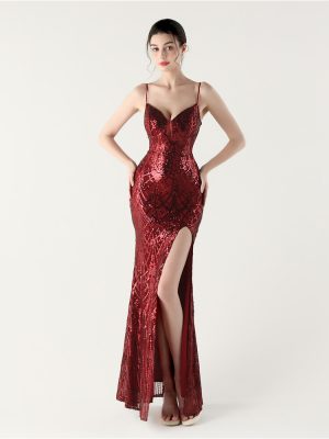Sequin V-Neck Spaghetti Strap Fishtail Evening Dress