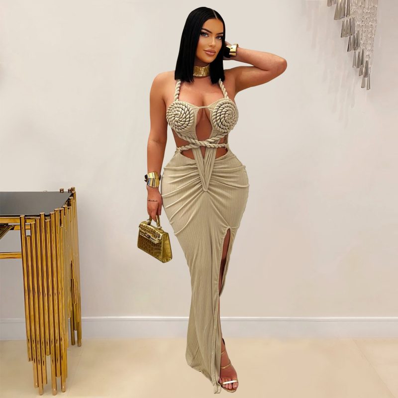 Women’s Knitted Halter Backless Solid Color Dress - Image 2