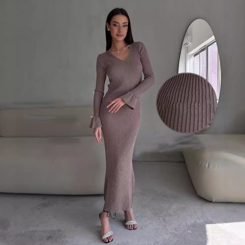 Women’s Long Sleeve Knitted Ribbed Winter Dress - Image 4