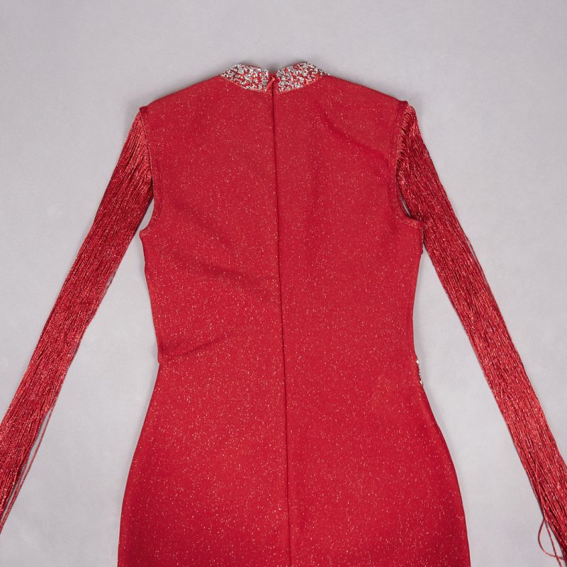Red Hollow Out Tassel Slim Party Dress - Image 4