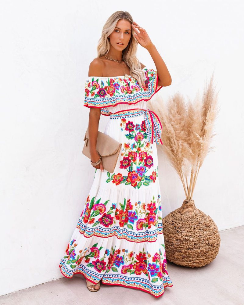Women’s Large Hem Off-Shoulder Red Floral Dress - Image 3