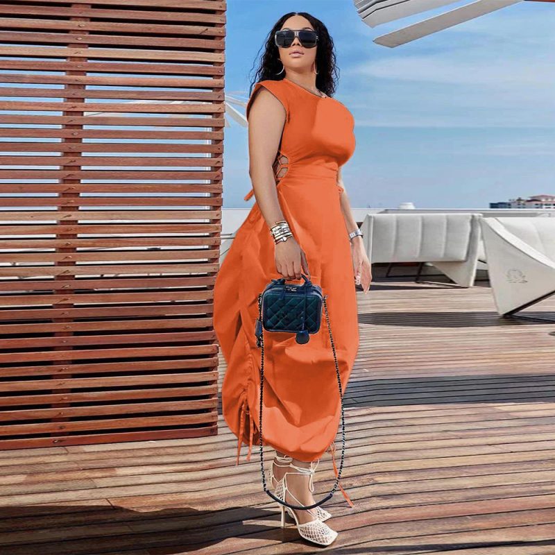 Summer Solid Color Round Neck Waist Dress - Image 2