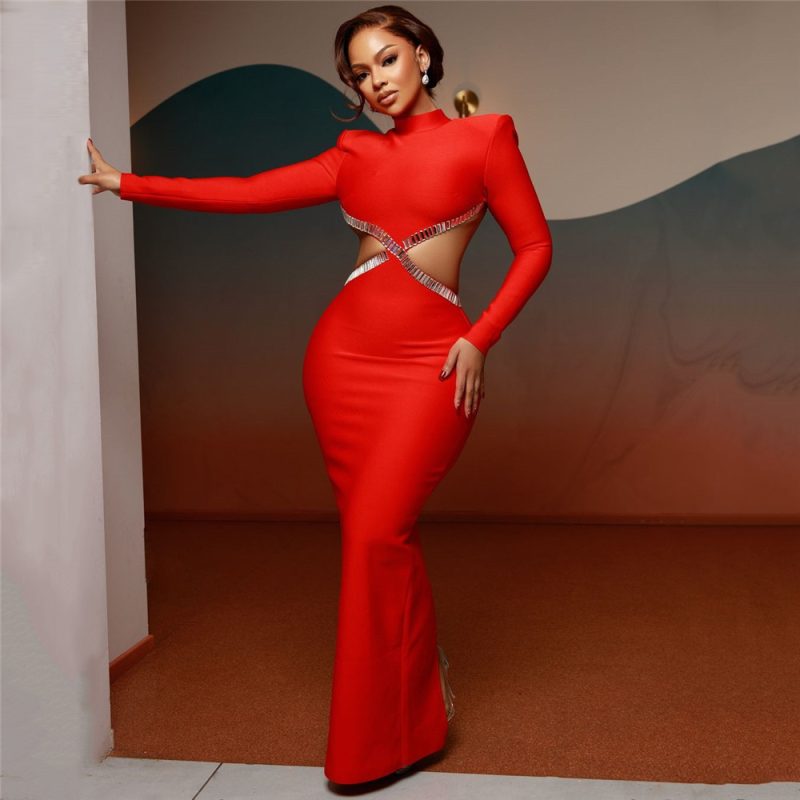Autumn Hollow Out Rhinestone Slim Fit Dress