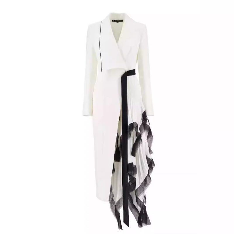 Asymmetric Ruffled Contrast Color Long Spring Blazer