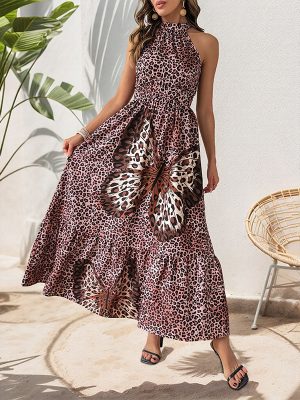 Elegant Halter Sleeveless Butterfly Leopard Print Dress