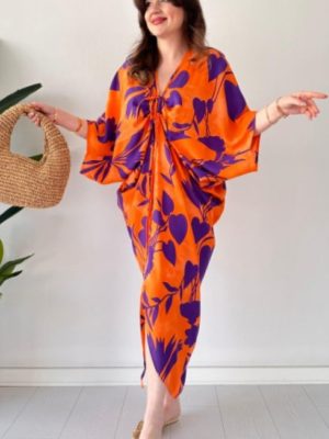 Casual Printed Batwing Sleeve Asymmetric Drawstring Dress