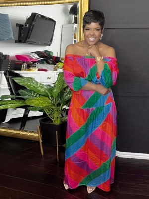 Printed Off-Shoulder Color Block Waist Slim Dress