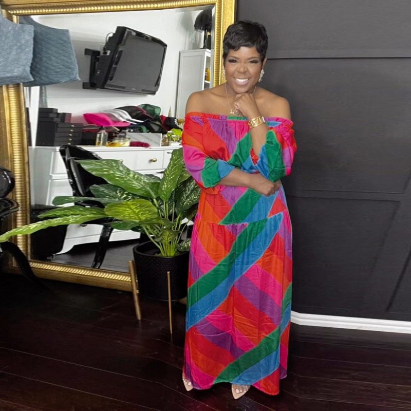 Printed Off-Shoulder Color Block Waist Slim Dress