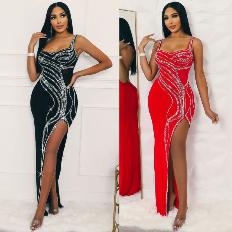 Elegant Rhinestone Sleeveless Sheath Split Stretch Dress - Image 4