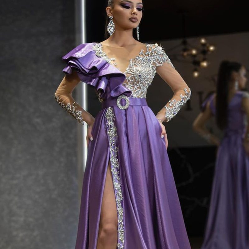 Luxury Purple Gold Satin Sequin Evening Gown - Image 3