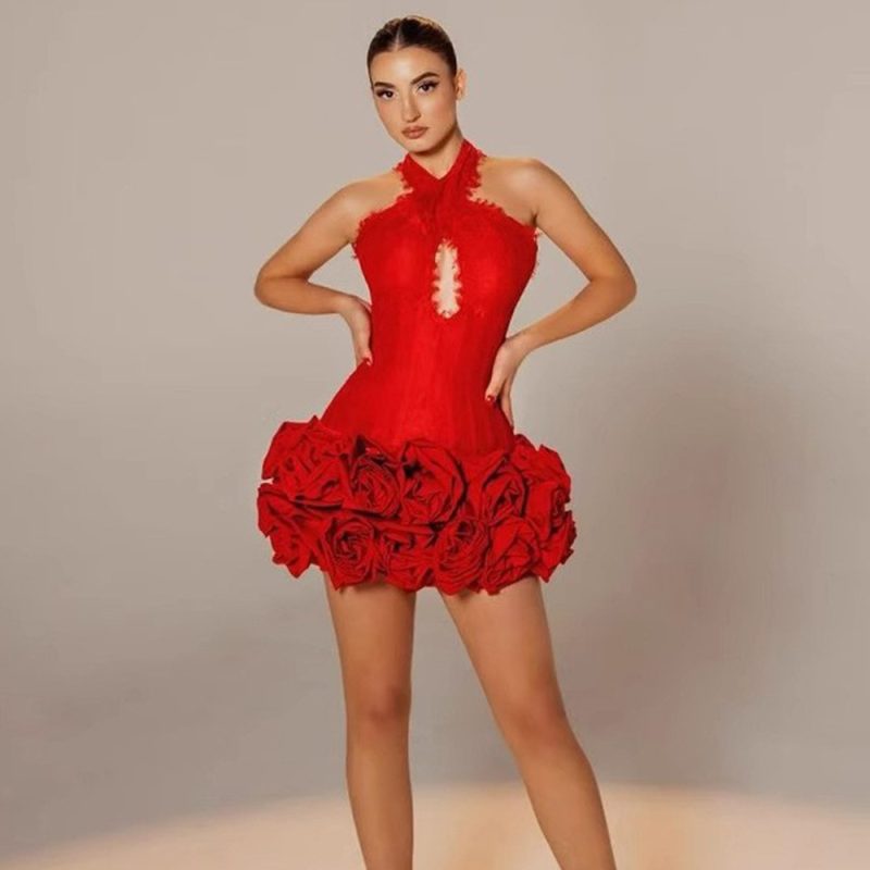 Halter Backless Red Floral Lace Mini Dress - Image 2