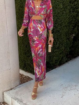 Women’s Printed V-Neck Long Sleeve Elegant Dress