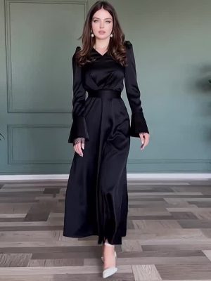 Women’s Autumn V-Neck Solid Long Sleeve Dress