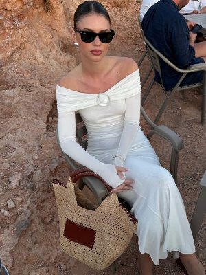 Autumn Strapless Off Shoulder Back Slit Midi Dress
