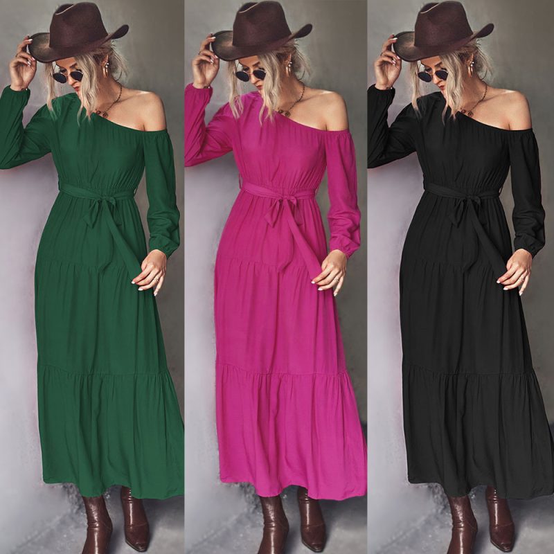 Women's Waist Trimming Lace-Up One Shoulder Dress - Image 4