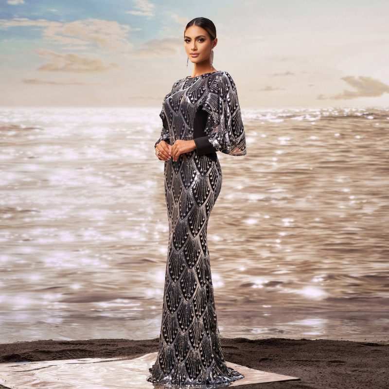Sequined Fishtail Sheath Evening Dress with Long Sleeves - Image 4