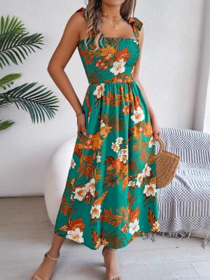Spring Summer Lace Up Printed Vacation Dress