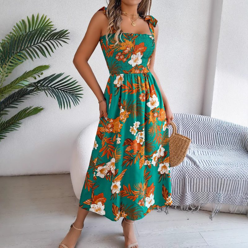 Spring Summer Lace Up Printed Vacation Dress