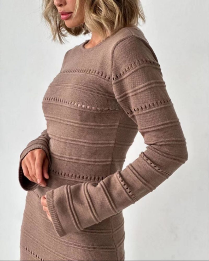 Women’s Autumn Winter Striped Woolen Long Dress - Image 2