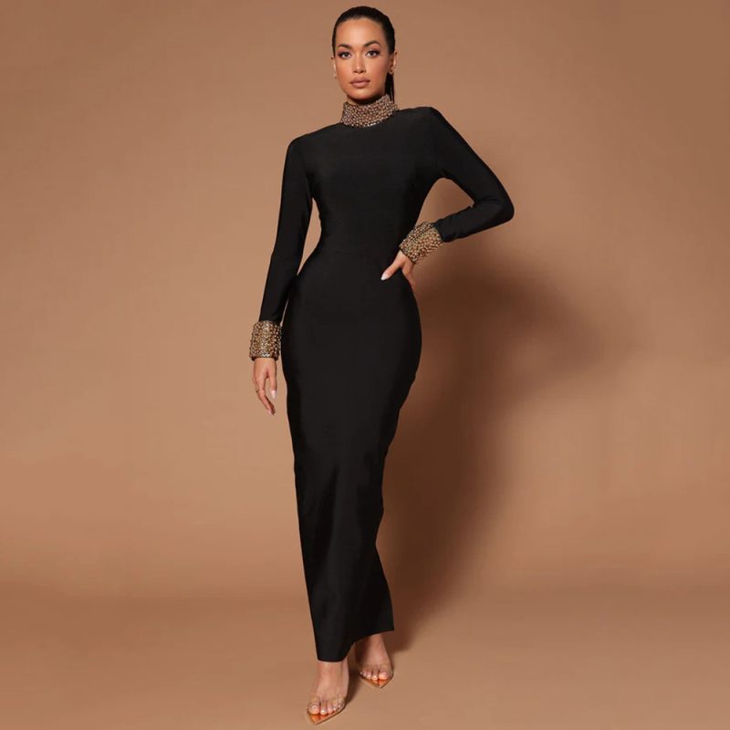 Diamond Bead Long-Sleeve Backless Cocktail Dress