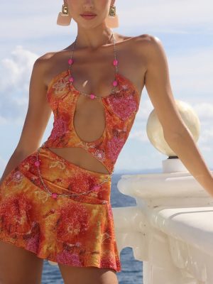 Summer Halter Beaded Printed Short Vacation Dress