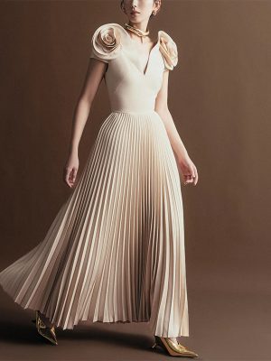 Elegant Floral V Neck Pleated Maxi Dress