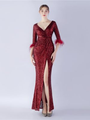 Women’s Ostrich Feather Sequined Long Sleeve Dress