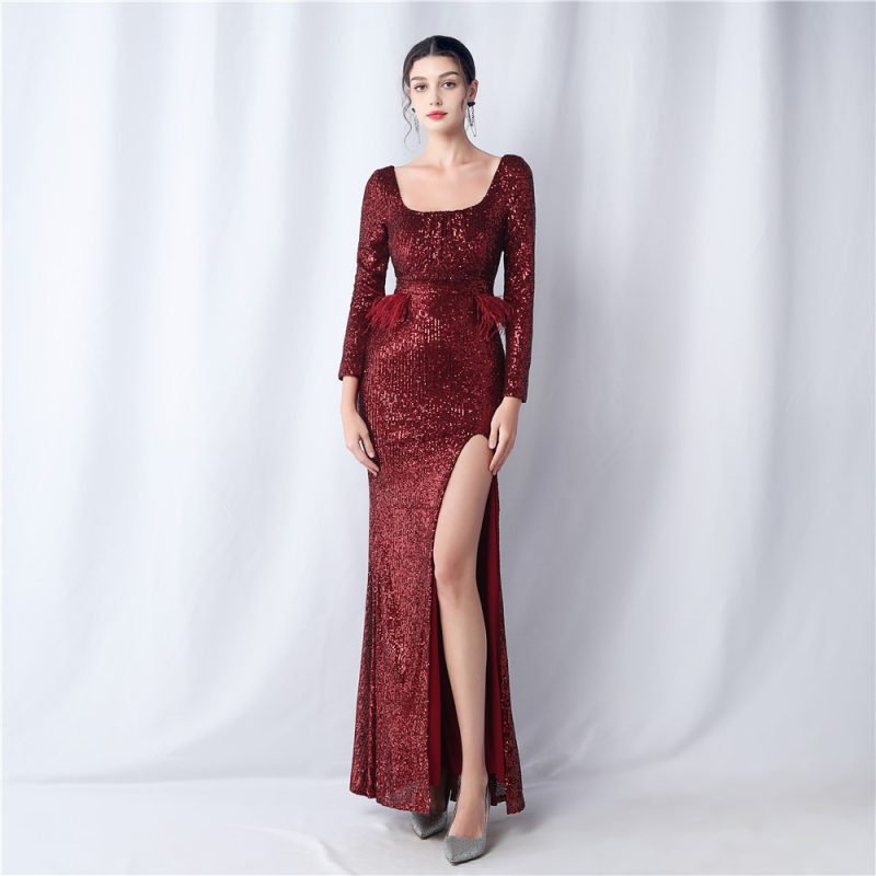 Women’s Sequin Ostrich Feather Long Sleeve Dress - Image 2