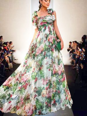 Women’s Flowy Rose Print Pleated Summer Strap Dress