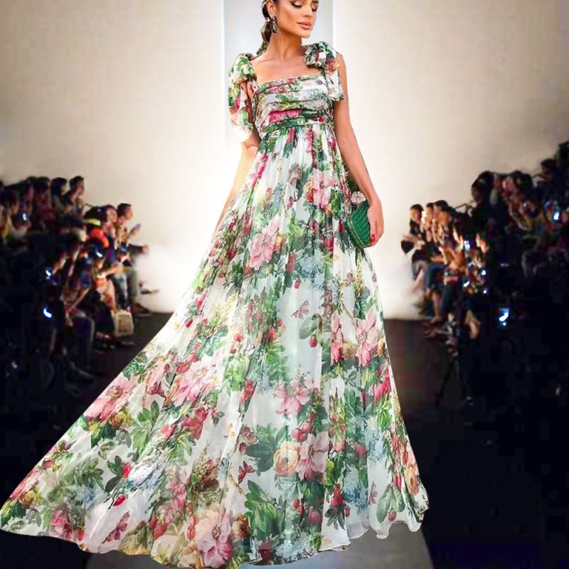 Women’s Flowy Rose Print Pleated Summer Strap Dress