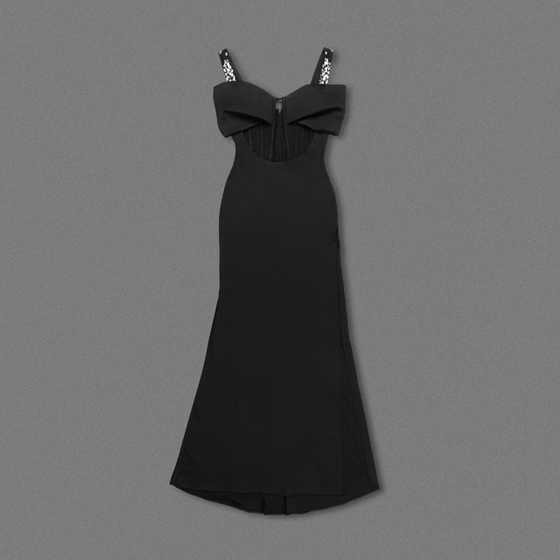 Winter Black Rhinestone Strappy Bow Maxi Dress - Image 3
