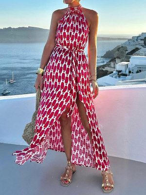 Spring Summer Print Halter Beach Vacation Dress