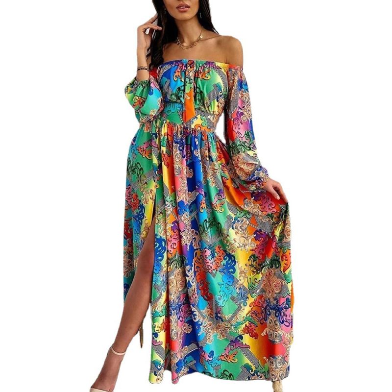 Retro V-Neck Long Sleeve Evening Printed Dress - Image 3