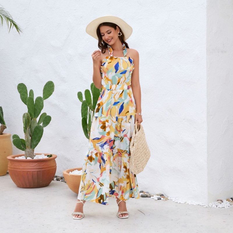 Elegant Ruffled Halter Sleeveless Backless Printed Dress - Image 2