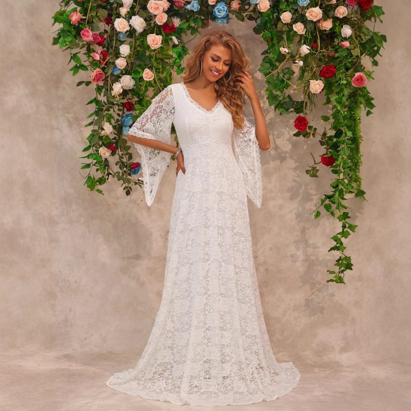 Women’s Deep V-Neck Long Sleeve Lace Dress - Image 2
