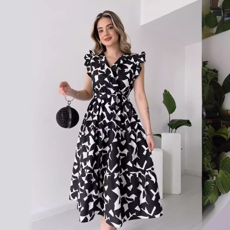 Elegant V-Neck Printed Midi Dress with Lace-Up - Image 3