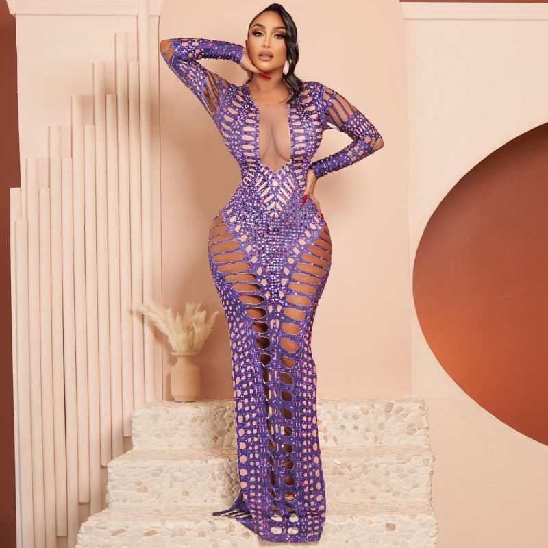 Ripped Skinny Sheath Rhinestone Printed Dress