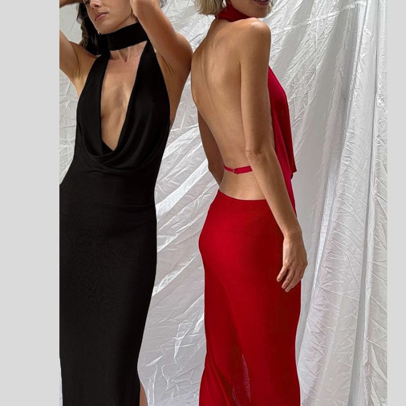 Autumn Winter Elegant Halter V Neck Backless Dress - Image 2