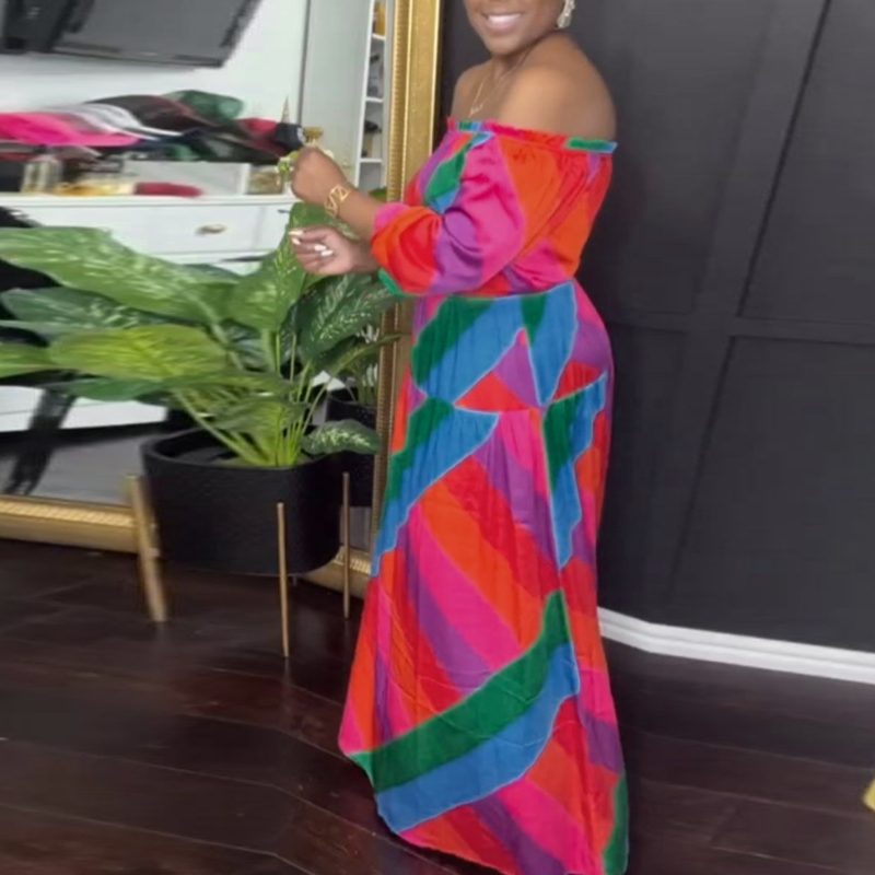 Printed Off-Shoulder Color Block Waist Slim Dress - Image 3