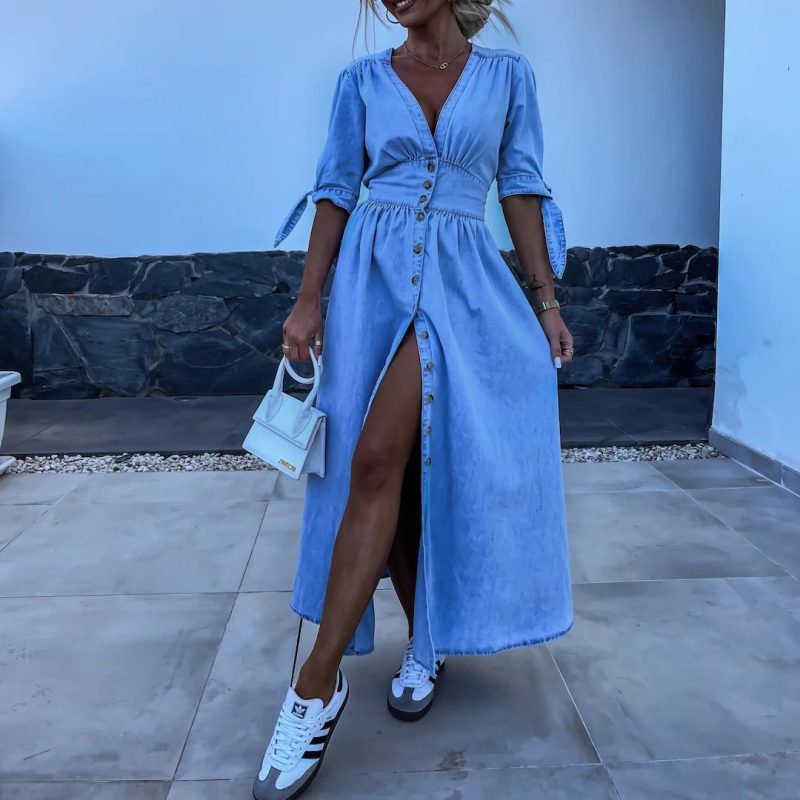 V Neck Button Front Long Denim Dress - Image 3