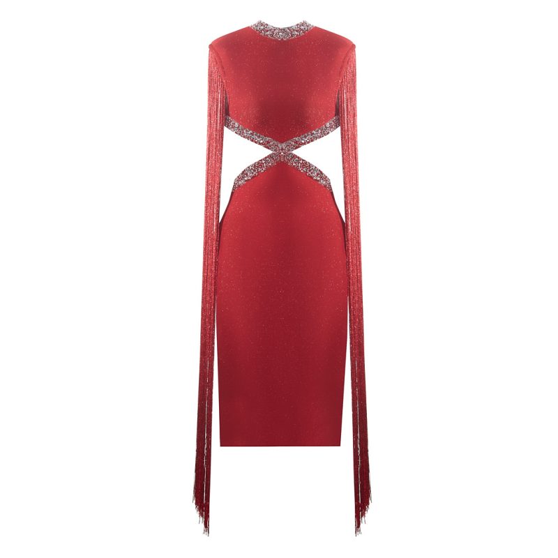 Red Hollow Out Tassel Slim Party Dress - Image 3