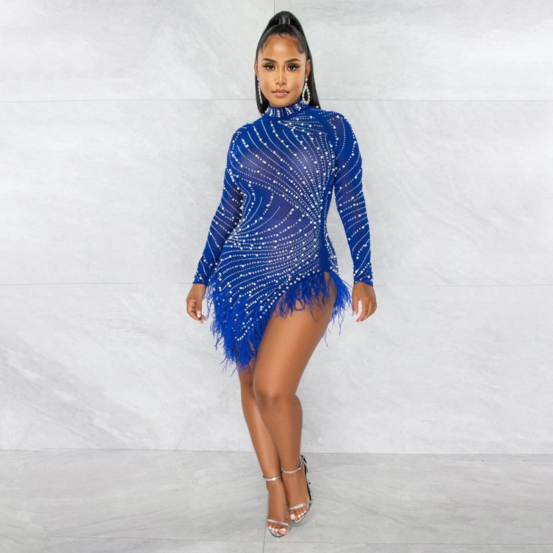 Women Mesh Rhinestone Foam Feather Party Dress - Image 2