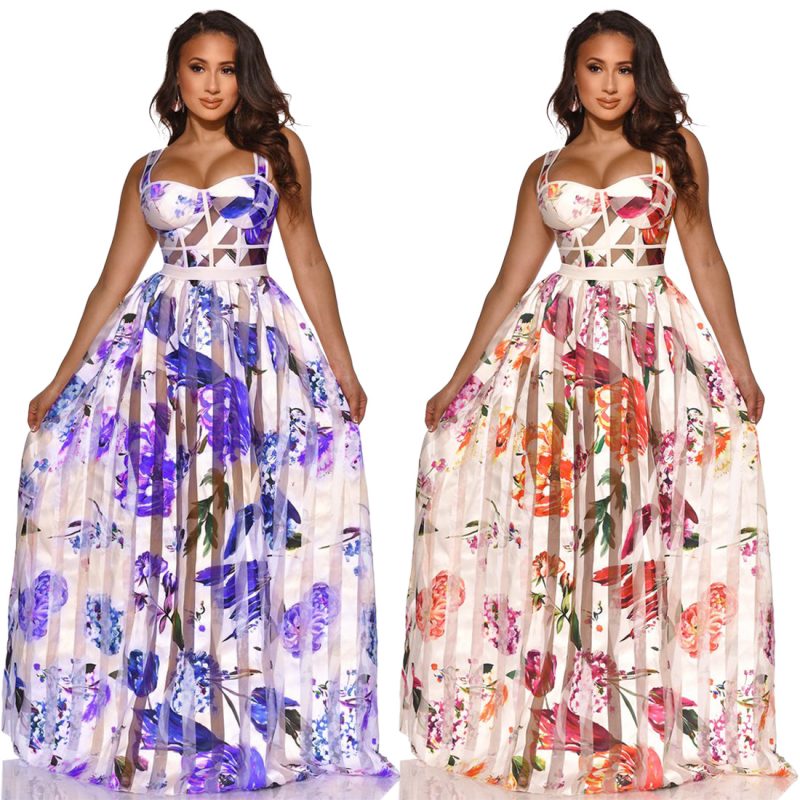 Summer Floral Corset Spaghetti Strap Organza Dress - Image 4