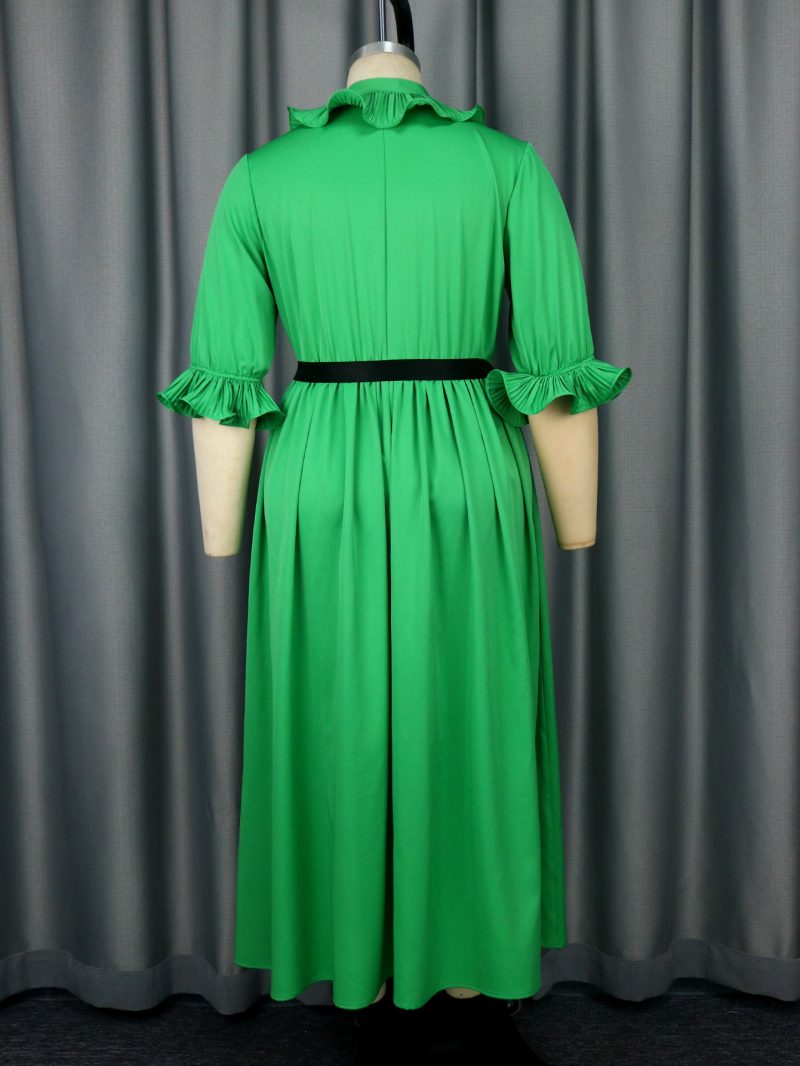 Elegant Pleated Lantern Sleeve Belted Evening Dress - Image 2