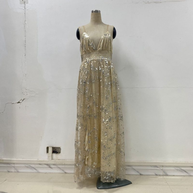 Shiny Crystal Slit Swing Evening Maxi Dress - Image 3